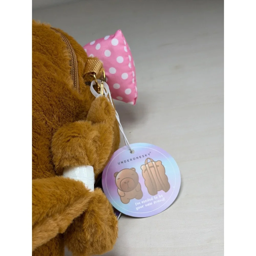 Under One Sky Plush Capybara Backpack Brown Faux Fur Pink Polka Dot Bow NWT